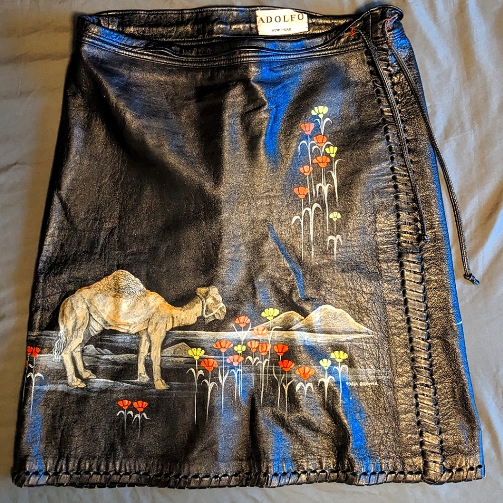 Hand-Painted Leather Midi Skirt Camel Flowers